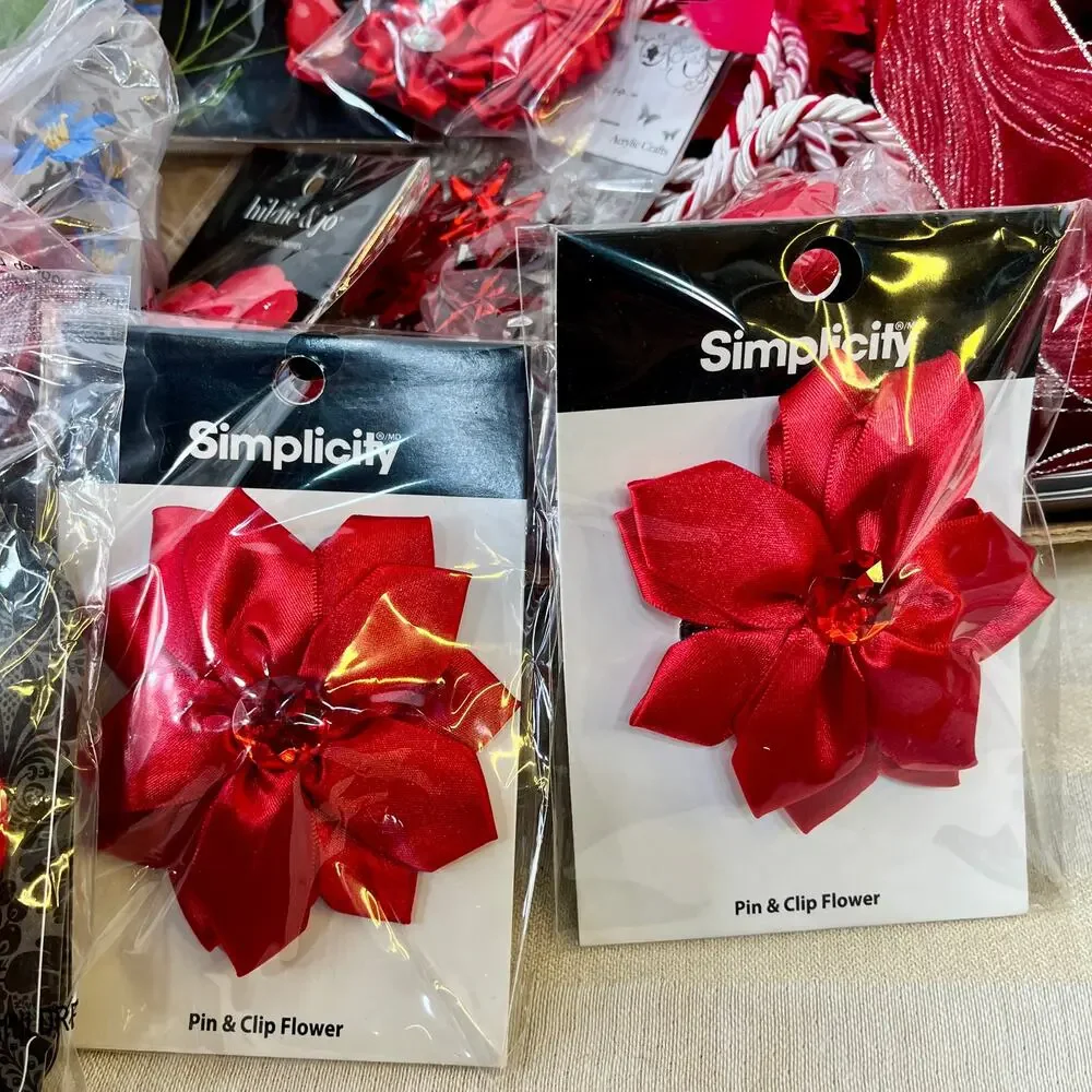 Red Craft Trim Destash Lot Artificial Floral Ribbons Beads Acrylic Embellishment